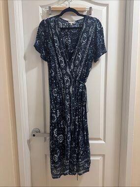 Lucky Brand Navy Floral Paisley Wrap Midi Dress